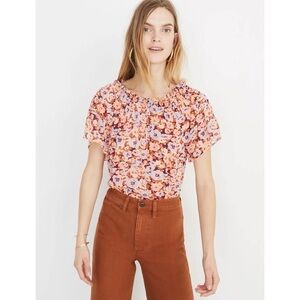 Madewell Smocked Mockneck Floral Crinkle Blouse M Dreamy Mulled Wine